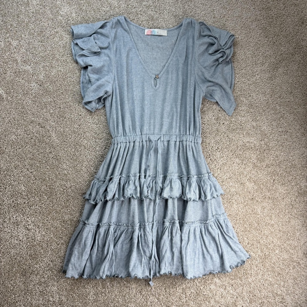FP Beach Dress Womens XS Blue Short Flutter Sleeve V Neck Ruffle Tiered Sundress